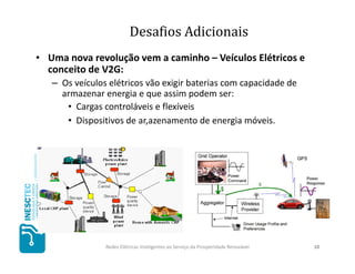 Desafios Adicionais
• Uma nova revolução vem a caminho – Veículos Elétricos e
  conceito de V2G:
   – Os veículos elétricos vão exigir baterias com capacidade de
     armazenar energia e que assim podem ser:
      • Cargas controláveis e flexíveis
      • Dispositivos de ar,azenamento de energia móveis.




                Redes Elétricas Inteligentes ao Serviço da Prosperidade Renovável   10
                                                                                     10
 