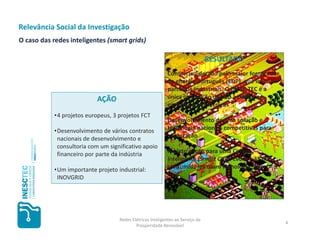 Relevância Social da Investigação
O caso das redes inteligentes (smart grids)

                                                                                 RESULTADO
                                                            Consórcio liderado pelo maior fornecedor
                                                            de energia português (EDP), que inclui 4
                                                            parceiros industriais. O INESC TEC é a
                            AÇÃO                            única instituição de I&D a definir as
                                                            especificações técnicas
            •4 projetos europeus, 3 projetos FCT
                                                            Desenvolvimento de uma solução e
            •Desenvolvimento de vários contratos            tecnologia nacionais competitivas para
             nacionais de desenvolvimento e                 exportação
             consultoria com um significativo apoio
             financeiro por parte da indústria              Projeto piloto para uma Cidade
                                                            Inteligente (Smart City): Évora – 33.000
            •Um importante projeto industrial:              consumidores usam tecnologia Smart
             INOVGRID                                       Grid




                                    Redes Elétricas Inteligentes ao Serviço da
                                                                                                       4
                                            Prosperidade Renovável
 