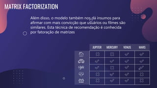 MATRIX FACTORIZATION
JUPITER MERCURY VENUS MARS
Além disso, o modelo também nos dá insumos para
afirmar com mais convicção que usuários ou filmes são
similares. Esta técnica de recomendação é conhecida
por fatoração de matrizes
 