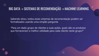 BIG DATA -> SISTEMAS DE RECOMENDAÇÃO -> MACHINE LEARNING
Sabendo disso, todos esses sistemas de recomendação podem ser
formalizados usando uma simples pergunta
“Para um dado grupo de clientes e suas ações, quais são os produtos
que forneceriam a melhor utilidade para cada cliente neste grupo?”
 
