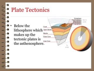 Plate Tectonics
• Below the
lithosphere which
makes up the
tectonic plates is
the asthenosphere.
 