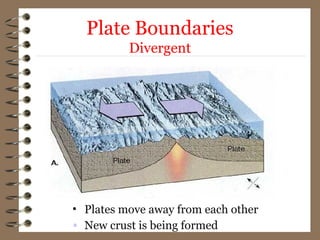 Plate Boundaries
Divergent
• Plates move away from each other
• New crust is being formed
 