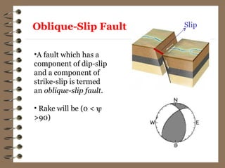 Oblique-Slip Fault
•A fault which has a
component of dip-slip
and a component of
strike-slip is termed
an oblique-slip fault.
• Rake will be (0 < ψ
>90)
Slip
 