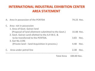 INTERNATIONAL INDUSTRIAL EXHIBITION CENTER AREA STATEMENT  Area in possession of the PCNTDA  74.23  Hec. Area  not in possession  1. Area of Govt. Gairan land    (Proposal of land allotment submitted to the Govt.)  15.08  Hec. 2. Govt. Gairan Land allotted to the A.P.M.C. &   to be transferred to the PCNTDA. 3.83  Hec. 3. Gat No.1196    (Private land – land Acquisition in process.) 4.48  Hec. C.  Area under petrol line 2.38  Hec. ------------------------------------------------------------------------------------------------   Total Area  100.00 Hec.  