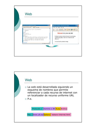 17
Web
Web
La web está desarrollada siguiendo un
esquema de nombres que permite
referenciar a cada recurso de internet con
un localizador de recurso uniforme URL
P.e.
Protocolo:// Dominio o IP/ Ruta/ Archivo
http://www.uib.es/balears/ balears-Internet.html
 