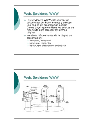 18
Web. Servidores WWW
Los servidores WWW estructuran sus
documentos jerárquicamente y ofrecen
una página de presentación o inicio
(home page) que contiene los enlaces de
hipertexto para localizar las demás
páginas.
Nombres más comunes de la página de
presentación:
index.htm, index.html
home.htm, home.html
default.htm, default.html, default.asp
Web. Servidores WWW
 