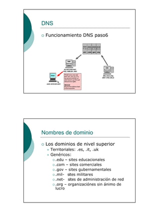 8
DNS
Funcionamiento DNS paso6
Nombres de dominio
Los dominios de nivel superior
Territoriales: .es, .it, .uk
Genéricos:
.edu – sites educacionales
.com – sites comerciales
.gov – sites gubernamentales
.mil- sites militares
.net- sites de administración de red
.org – organizaciónes sin ánimo de
lucro
 