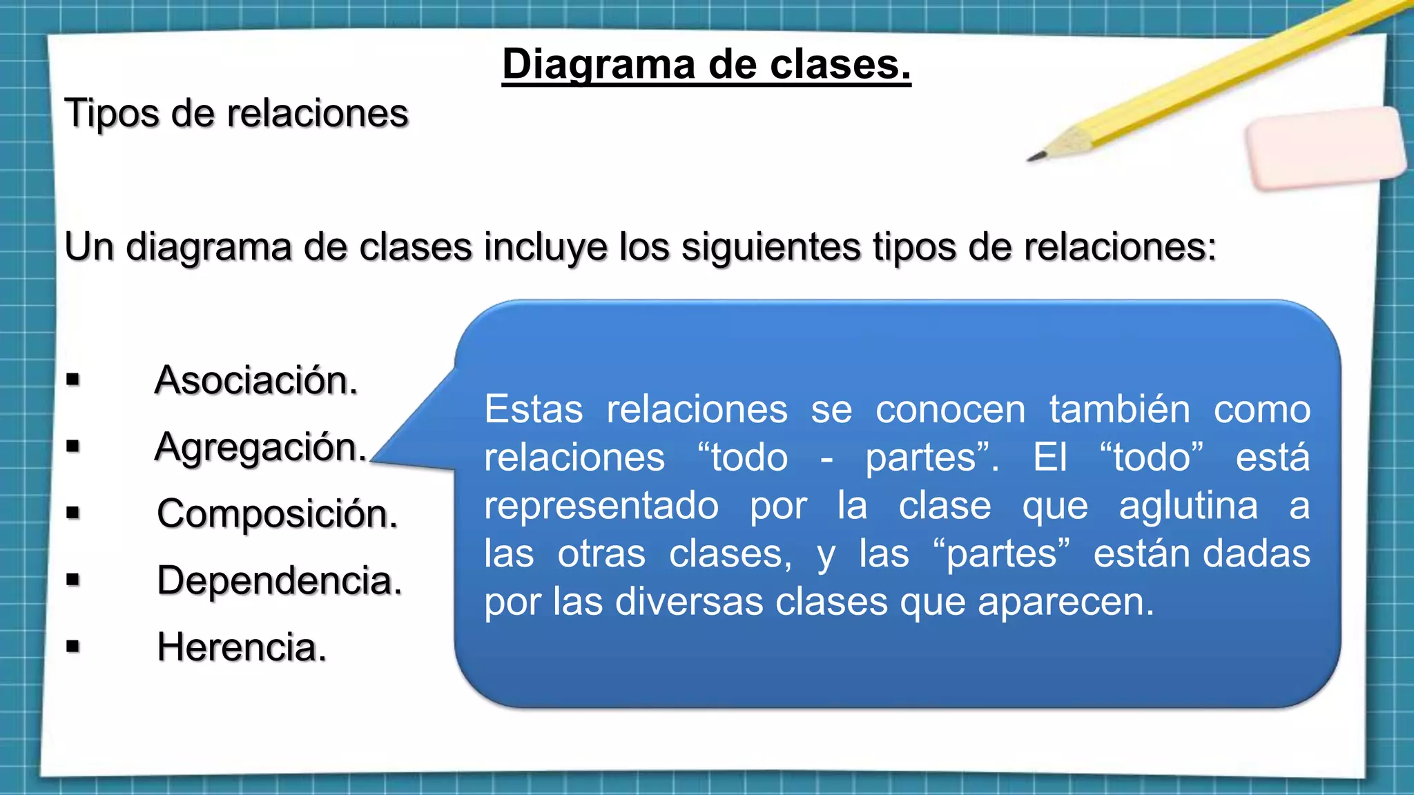 Diagrama de clases.
Tipos de relaciones
Un diagrama de clases incluye los siguientes tipos de relaciones:
 Asociación.
 Agregación.
 Composición.
 Dependencia.
 Herencia.
Estas relaciones se conocen también como
relaciones “todo - partes”. El “todo” está
representado por la clase que aglutina a
las otras clases, y las “partes” están dadas
por las diversas clases que aparecen.
 