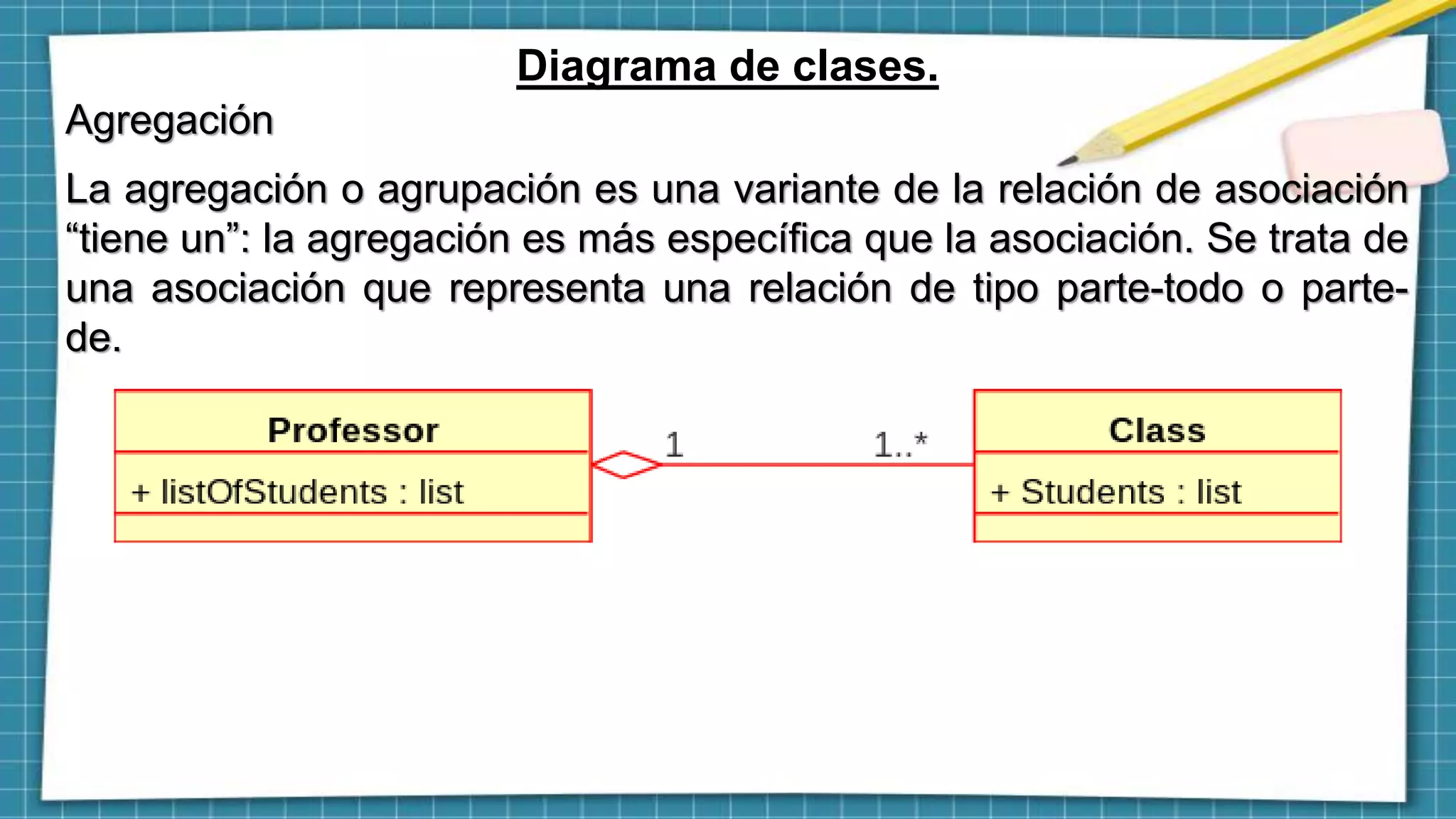 Diagrama de clases.
Agregación
La agregación o agrupación es una variante de la relación de asociación
“tiene un”: la agregación es más específica que la asociación. Se trata de
una asociación que representa una relación de tipo parte-todo o parte-
de.
 