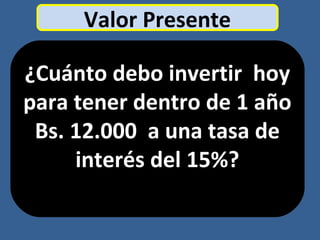 Valor Presente
¿Cuánto debo invertir hoy
para tener dentro de 1 año
Bs. 12.000 a una tasa de
interés del 15%?
 