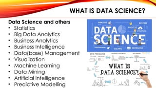 WHAT IS DATA SCIENCE?
Data Science and others
• Statistics
• Big Data Analytics
• Business Analytics
• Business Intelligence
• Data(base) Management
• Visualization
• Machine Learning
• Data Mining
• Artificial Intelligence
• Predictive Modelling
 