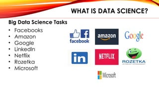 WHAT IS DATA SCIENCE?
Big Data Science Tasks
• Facebooks
• Amazon
• Google
• Linkedln
• Netflix
• Rozetka
• Microsoft
 