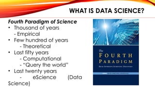 WHAT IS DATA SCIENCE?
Fourth Paradigm of Science
• Thousand of years
- Empirical
• Few hundred of years
- Theoretical
• Last fifty years
- Computational
- “Query the world”
• Last twenty years
- eScience (Data
Science)
 