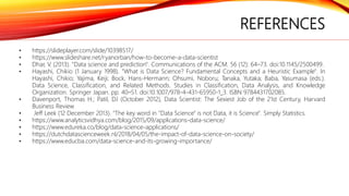REFERENCES
• https://slideplayer.com/slide/10398517/
• https://www.slideshare.net/ryanorban/how-to-become-a-data-scientist
• Dhar, V. (2013). "Data science and prediction". Communications of the ACM. 56 (12): 64–73. doi:10.1145/2500499.
• Hayashi, Chikio (1 January 1998). "What is Data Science? Fundamental Concepts and a Heuristic Example". In
Hayashi, Chikio; Yajima, Keiji; Bock, Hans-Hermann; Ohsumi, Noboru; Tanaka, Yutaka; Baba, Yasumasa (eds.).
Data Science, Classification, and Related Methods. Studies in Classification, Data Analysis, and Knowledge
Organization. Springer Japan. pp. 40–51. doi:10.1007/978-4-431-65950-1_3. ISBN 9784431702085.
• Davenport, Thomas H.; Patil, DJ (October 2012), Data Scientist: The Sexiest Job of the 21st Century, Harvard
Business Review
• Jeff Leek (12 December 2013). "The key word in "Data Science" is not Data, it is Science". Simply Statistics.
• https://www.analyticsvidhya.com/blog/2015/09/applications-data-science/
• https://www.edureka.co/blog/data-science-applications/
• https://dutchdatascienceweek.nl/2018/04/05/the-impact-of-data-science-on-society/
• https://www.educba.com/data-science-and-its-growing-importance/
 