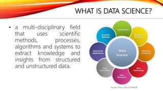 WHAT IS DATA SCIENCE?
• a multi-disciplinary field
that uses scientific
methods, processes,
algorithms and systems to
extr...