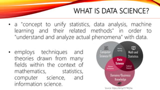 WHAT IS DATA SCIENCE?
• a "concept to unify statistics, data analysis, machine
learning and their related methods" in orde...