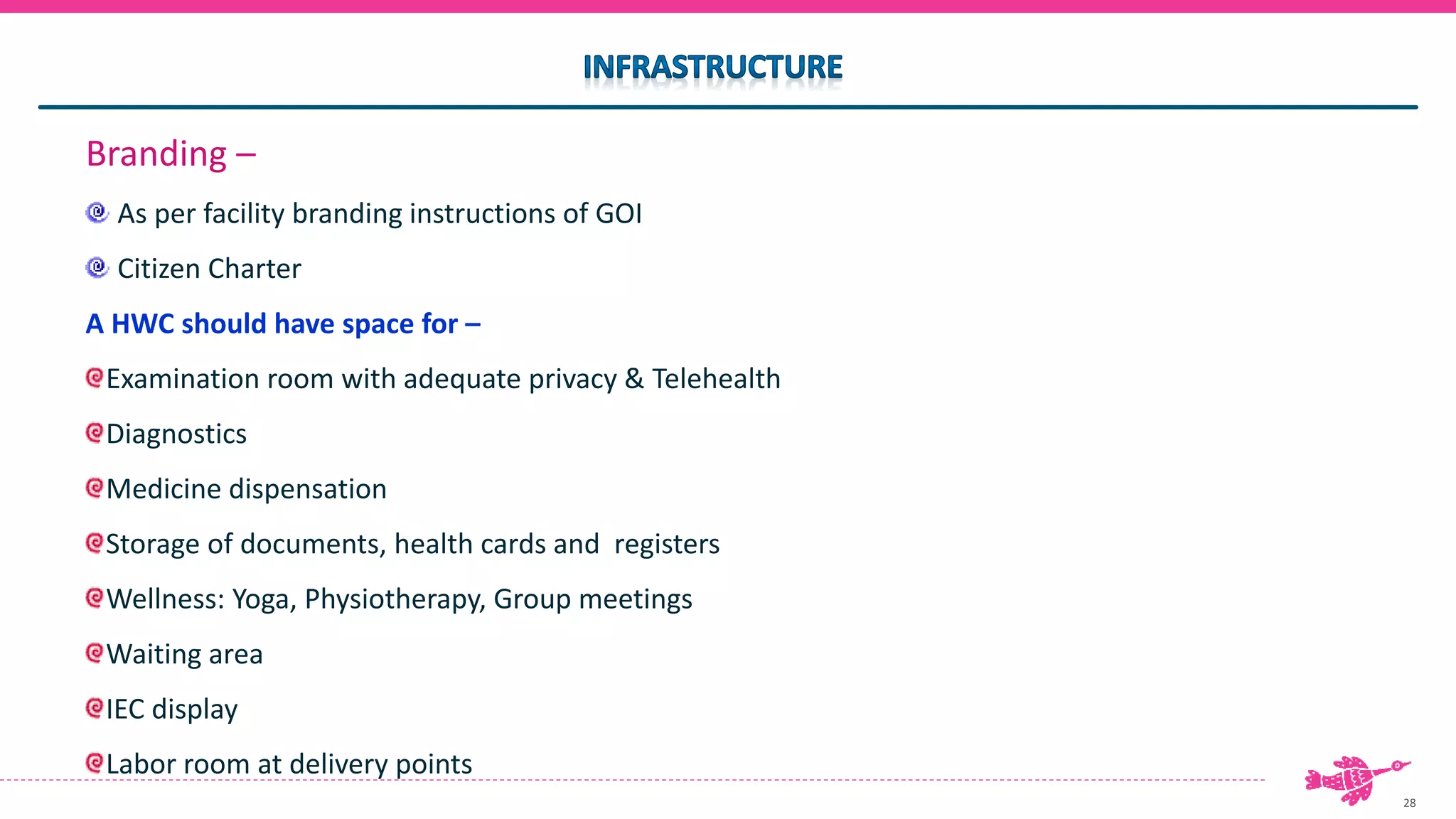 28
Branding –
As per facility branding instructions of GOI
Citizen Charter
A HWC should have space for –
Examination room with adequate privacy & Telehealth
Diagnostics
Medicine dispensation
Storage of documents, health cards and registers
Wellness: Yoga, Physiotherapy, Group meetings
Waiting area
IEC display
Labor room at delivery points
 