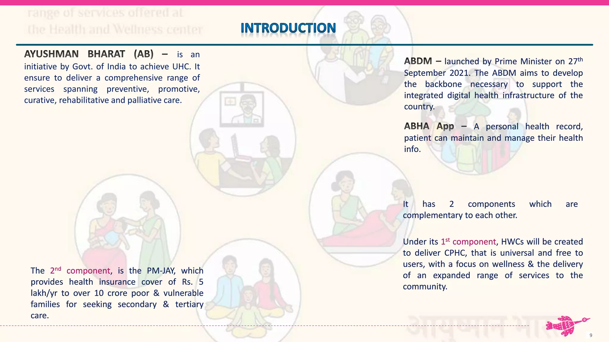 9
is an
initiative by Govt. of India to achieve UHC. It
ensure to deliver a comprehensive range of
services spanning preventive, promotive,
curative, rehabilitative and palliative care.
Under its 1st component, HWCs will be created
to deliver CPHC, that is universal and free to
users, with a focus on wellness & the delivery
of an expanded range of services to the
community.
The 2nd component, is the PM-JAY, which
provides health insurance cover of Rs. 5
lakh/yr to over 10 crore poor & vulnerable
families for seeking secondary & tertiary
care.
It has 2 components which are
complementary to each other.
launched by Prime Minister on 27th
September 2021. The ABDM aims to develop
the backbone necessary to support the
integrated digital health infrastructure of the
country.
A personal health record,
patient can maintain and manage their health
info.
 