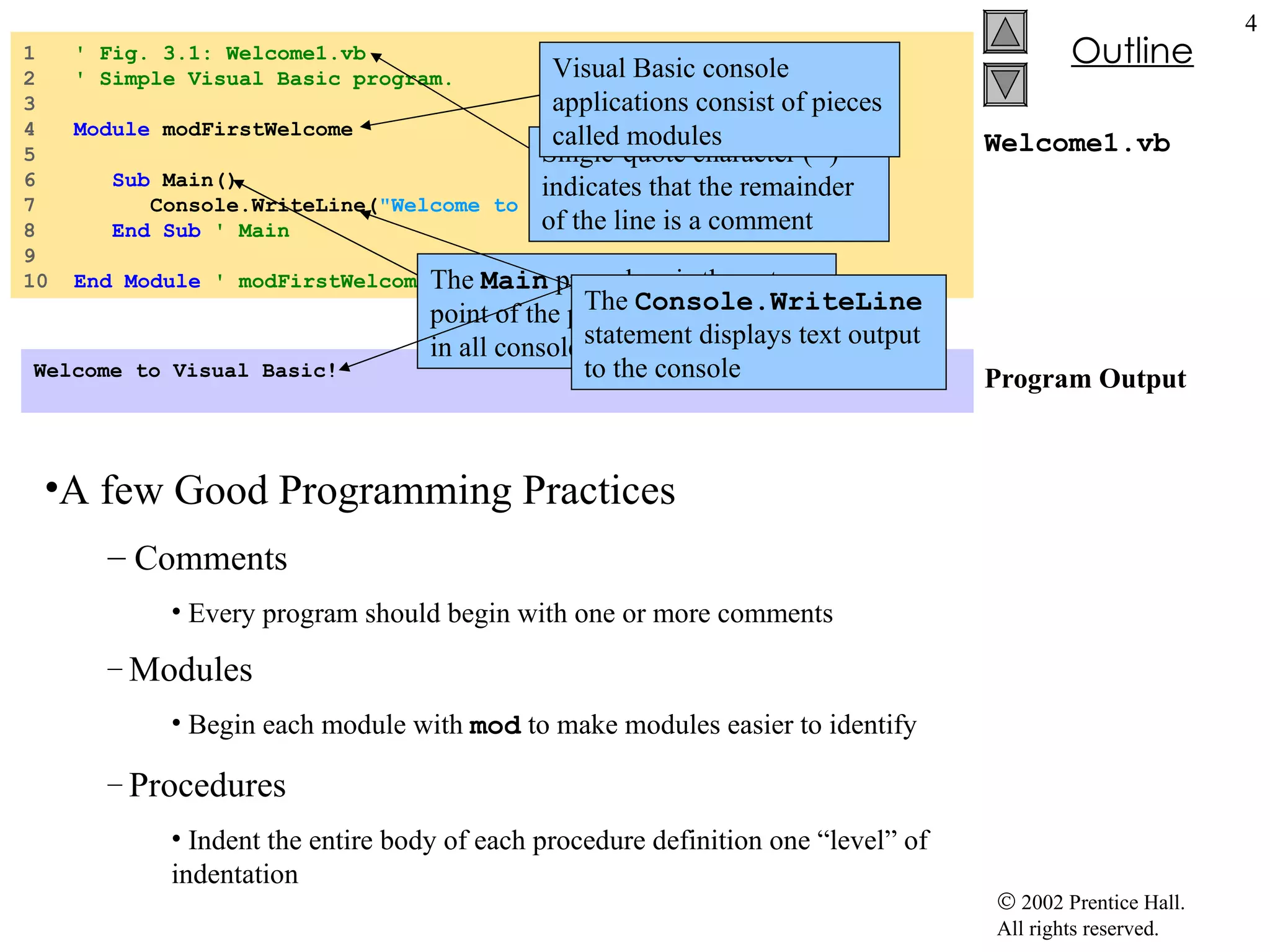 Welcome1.vb Program Output 1  ' Fig. 3.1: Welcome1.vb 2  ' Simple Visual Basic program. 3 4  Module  modFirstWelcome 5 6  Sub  Main() 7  Console.WriteLine( &quot;Welcome to Visual Basic!&quot; ) 8  End   Sub  ' Main 9 10  End   Module  ' modFirstWelcome Welcome to Visual Basic! A few Good Programming Practices   Comments Every program should begin with one or more comments Modules   Begin each module with  mod  to make modules easier to identify Procedures Indent the entire body of each procedure definition one “level” of indentation Single-quote character ( ' ) indicates that the remainder of the line is a comment Visual Basic console applications consist of pieces called modules The  Main  procedure is the entry point of the program. It is present in all console applications The  Console.WriteLine  statement displays text output to the console 