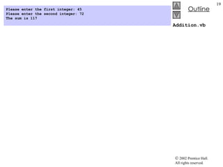 Addition.vb Please enter the first integer: 45 Please enter the second integer: 72 The sum is 117 