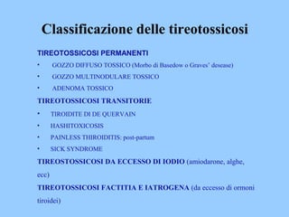 TIREOTOSSICOSI PERMANENTI
• GOZZO DIFFUSO TOSSICO (Morbo di Basedow o Graves’ desease)
• GOZZO MULTINODULARE TOSSICO
• ADE...