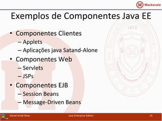 Exemplos	
  de	
  Componentes	
  Java	
  EE	
  
•  Componentes	
  Clientes	
  
– Applets	
  
– Aplicações	
  java	
  Satand-­‐Alone	
  
•  Componentes	
  Web	
  
– Servlets	
  
– JSPs	
  
•  Componentes	
  EJB	
  
– Session	
  Beans	
  
– Message-­‐Driven	
  Beans	
  
Daniel	
  Arndt	
  Alves	
   Java	
  Enterprise	
  Edi.on	
   14	
  
 