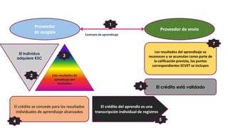 13

1

Proveedor
de acogida

Proveedor de envio
Contrato de aprendizaje

7
El individuo
adquiere KSC

2

Los resultados del aprendizaje se
reconocen y se acumulan como parte de
la calificación prevista, los puntos
correspondientes ECVET se incluyen

3

Los resultados de
aprendizaje son

evaluados

El crédito se concede para los resultados
individuales de aprendizaje alcanzados
4

6

El crédito está validado

El crédito del aprendiz es una
transcripción individual de registros

5

 