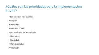 ¿Cuáles son las prioridades para la implementación
ECVET?
• Los acuerdos y las plantillas

• Créditos
• Standares
• Unidades ECVET

• Los resultados del aprendizaje
• Directrices
• Movilidad
• Plan de estudios
• Valoración

27

 