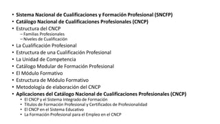 • Sistema Nacional de Cualificaciones y Formación Profesional (SNCFP)
• Catálogo Nacional de Cualificaciones Profesionales (CNCP)
• Estructura del CNCP
– Familias Profesionales
– Niveles de Cualificación

•
•
•
•
•
•
•
•

La Cualificación Profesional
Estructura de una Cualificación Profesional
La Unidad de Competencia
Catálogo Modular de Formación Profesional
El Módulo Formativo
Estructura de Módulo Formativo
Metodología de elaboración del CNCP
Aplicaciones del Catálogo Nacional de Cualificaciones Profesionales (CNCP)
•
•
•
•

El CNCP y el Sistema Integrado de Formación
Títulos de Formación Profesional y Certificados de Profesionalidad
El CNCP en el Sistema Educativo
La Formación Profesional para el Empleo en el CNCP

 