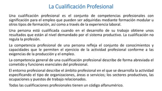 La Cualificación Profesional
Una cualificación profesional es el conjunto de competencias profesionales con
significación para el empleo que pueden ser adquiridas mediante formación modular u
otros tipos de formación, así como a través de la experiencia laboral.
Una persona está cualificada cuando en el desarrollo de su trabajo obtiene unos
resultados que están al nivel demandado por el sistema productivo. La cualificación no
regula la profesión.
La competencia profesional de una persona refleja el conjunto de conocimientos y
capacidades que le permiten el ejercicio de la actividad profesional conforme a las
exigencias de la producción y el empleo.
La competencia general de una cualificación profesional describe de forma abreviada el
cometido y funciones esenciales del profesional.
El entorno profesional describe el ámbito profesional en el que se desarrolla la actividad
especificando el tipo de organizaciones, áreas o servicios; los sectores productivos, las
ocupaciones y puestos de trabajo relacionados.
Todas las cualificaciones profesionales tienen un código alfanumérico.

 