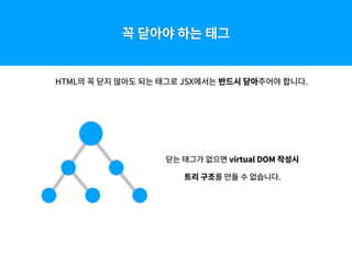 꼭 닫아야 하는 태그
HTML의 꼭 닫지 않아도 되는 태그로 JSX에서는 반드시 닫아주어야 합니다.
닫는 태그가 없으면 virtual DOM 작성시
트리 구조를 만들 수 없습니다.
 