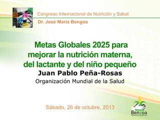 Congreso Internacional de Nutrición y Salud
Dr. José María Bengoa

Metas Globales 2025 para
mejorar la nutrición materna,
del lactante y del niño pequeño
Juan Pablo Peña-Rosas

Organización Mundial de la Salud

Sábado, 26 de octubre, 2013

 