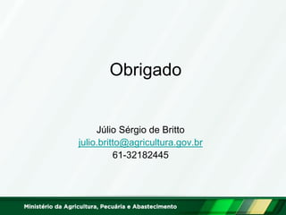 Obrigado
Júlio Sérgio de Britto
julio.britto@agricultura.gov.br
61-32182445
 