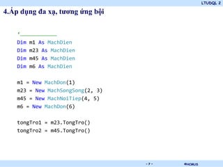 LTUDQL 2

4.Áp dụng đa xạ, tương ứng bội

    ‘………………………………
    Dim m1 As MachDien
    Dim m23 As MachDien
    Dim m45 As MachDien
    Dim m6 As MachDien

    m1 = New MachDon(1)
    m23 = New MachSongSong(2, 3)
    m45 = New MachNoiTiep(4, 5)
    m6 = New MachDon(6)

    tongTro1 = m23.TongTro()
    tongTro2 = m45.TongTro()




                                   .   -7-   ©HCMUS
 