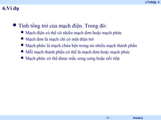 LTUDQL 2

6.Ví dụ


    • Tính tổng trở của mạch điện. Trong đó:
          • Mạch điện có thể có nhiều mạch đơn hoặc mạch phức
          • Mạch đơn là mạch chỉ có một điện trở
          • Mạch phức là mạch chứa bện trong nó nhiều mạch thành phần
          • Mỗi mạch thành phần có thể là mạch đơn hoặc mạch phức
          • Mạch phức có thể được mắc song song hoặc nối tiếp




                                      .              -9-           ©HCMUS
 