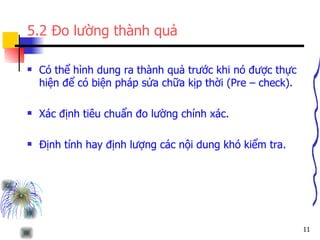 5.2 Đo lường thành quả Có thể hình dung ra thành quả trước khi nó được thực hiện để có biện pháp sửa chữa kịp thời (Pre – check). Xác định tiêu chuẩn đo lường chính xác. Định tính hay định lượng các nội dung khó kiểm tra. 