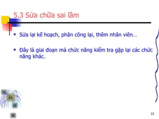5.3 Sửa chữa sai lầm Sửa lại kế hoạch, phân công lại, thêm nhân viên… Đây là giai đoạn mà chức năng kiểm tra gặp lại các chức năng khác. 