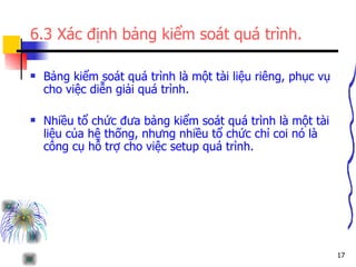 6.3 Xác định bảng kiểm soát quá trình. Bảng kiểm soát quá trình là một tài liệu riêng, phục vụ cho việc diễn giải quá trình. Nhiều tổ chức đưa bảng kiểm soát quá trình là một tài liệu của hệ thống, nhưng nhiều tổ chức chỉ coi nó là công cụ hỗ trợ cho việc setup quá trình. 