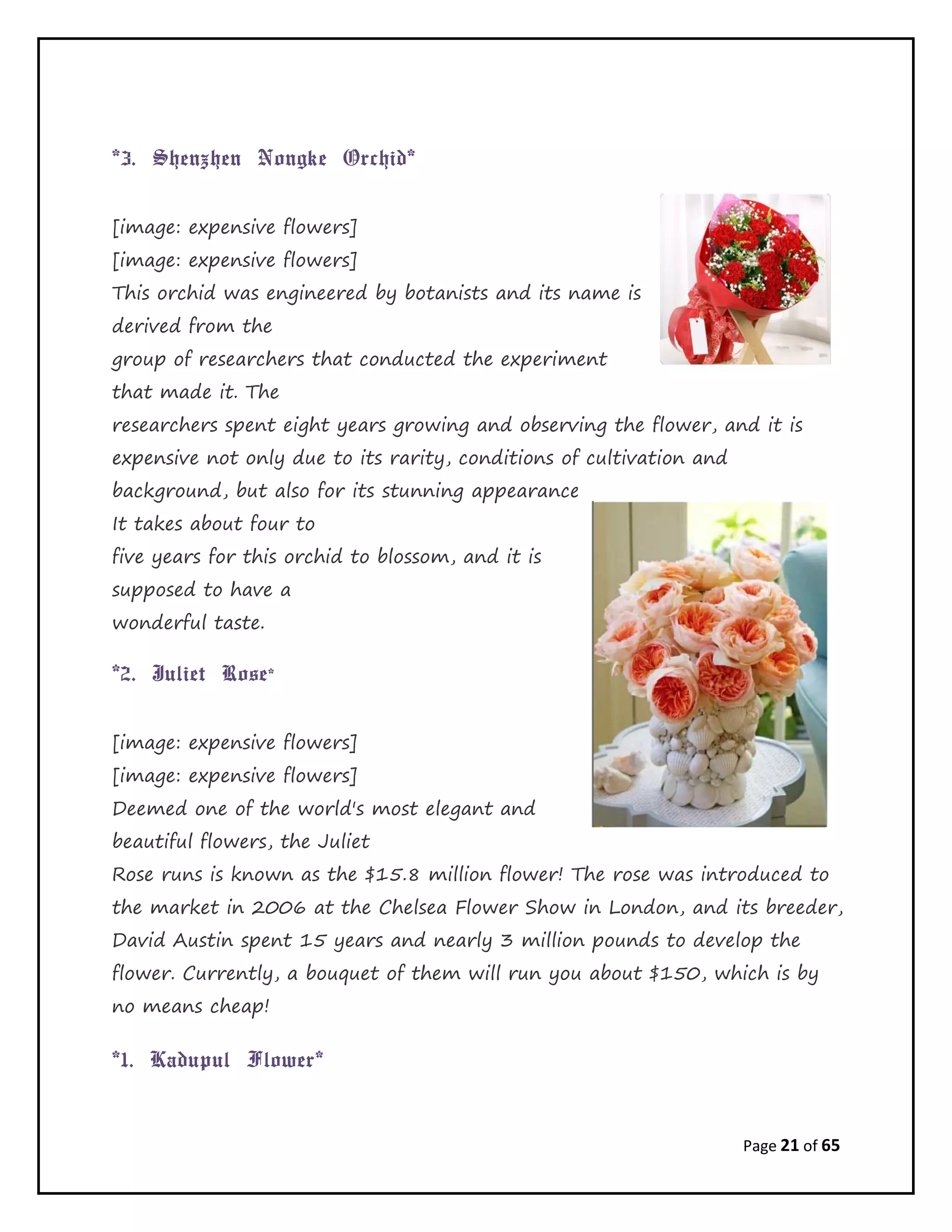 Page 21 of 65
*3. Shenzhen Nongke Orchid*
[image: expensive flowers]
[image: expensive flowers]
This orchid was engineered by botanists and its name is
derived from the
group of researchers that conducted the experiment
that made it. The
researchers spent eight years growing and observing the flower, and it is
expensive not only due to its rarity, conditions of cultivation and
background, but also for its stunning appearance.
It takes about four to
five years for this orchid to blossom, and it is
supposed to have a
wonderful taste.
*2. Juliet Rose*
[image: expensive flowers]
[image: expensive flowers]
Deemed one of the world's most elegant and
beautiful flowers, the Juliet
Rose runs is known as the $15.8 million flower! The rose was introduced to
the market in 2006 at the Chelsea Flower Show in London, and its breeder,
David Austin spent 15 years and nearly 3 million pounds to develop the
flower. Currently, a bouquet of them will run you about $150, which is by
no means cheap!
*1. Kadupul Flower*
 