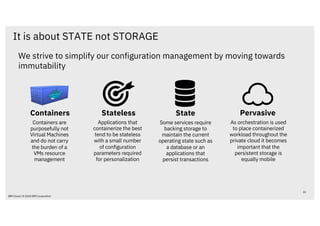 We strive to simplify our configuration management by moving towards
immutability
It is about STATE not STORAGE
22
IBM Cloud / © 2018 IBM Corporation
Stateless
Applications that
containerize the best
tend to be stateless
with a small number
of configuration
parameters required
for personalization
Containers are
purposefully not
Virtual Machines
and do not carry
the burden of a
VMs resource
management
Containers Pervasive
As orchestration is used
to place containerized
workload throughout the
private cloud it becomes
important that the
persistent storage is
equally mobile
State
Some services require
backing storage to
maintain the current
operating state such as
a database or an
applications that
persist transactions
 