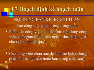 4.7 Hoạch định kế hoạch tuần NỘI DUNG BẢN KẾ HOẠCH TUẦN Các công việc quan trọng trong tuần Phần các công việc cụ thể gồm: nội dung công việc, thời gian thực hiện, người thực hiện, ghi chú (yêu cầu kết quả). Các công việc chưa xác định được lịch (nhưng phải làm trong tuần hoặc làm trong tuần sau). 