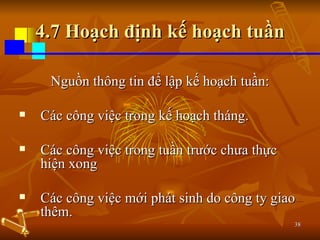 4.7 Hoạch định kế hoạch tuần Nguồn thông tin để lập kế hoạch tuần: Các công việc trong kế hoạch tháng. Các công việc trong tuần trước chưa thực hiện xong Các công việc mới phát sinh do công ty giao thêm. 