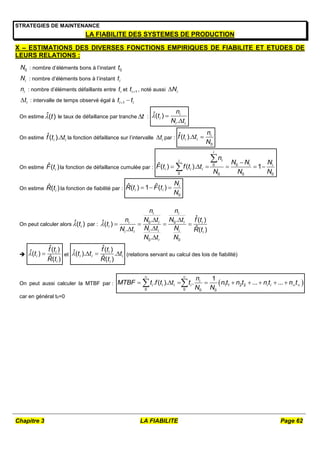Chapitre 3 LA FIABILITE Page 62
STRATEGIES DE MAINTENANCE
LA FIABILITE DES SYSTEMES DE PRODUCTION
X – ESTIMATIONS DES DIVERSES FONCTIONS EMPIRIQUES DE FIABILITE ET ETUDES DE
LEURS RELATIONS :
0
N : nombre d’éléments bons à l’instant 0
t
i
N : nombre d’éléments bons à l’instant i
t
i
n : nombre d’éléments défaillants entre i
t et 1
i
t  , noté aussi i
N

i
t
 : intervalle de temps observé égal à 1
i i
t t
 
On estime ̂( )
t le taux de défaillance par tranche t
 :  

ˆ( )
.
i
i
i i
n
t
N t
On estime ˆ( ).
i i
f t t
 la fonction défaillance sur l’intervalle i
t
 par :
0
ˆ( ). i
i i
n
f t t
N
 
On estime ˆ( )
i
F t la fonction de défaillance cumulée par :
0 0
0 0 0 0
ˆ( ) ( ). 1
i
i
i
i i
i i i
n
N N N
F t f t t
N N N

     


On estime ˆ( )
i
R t la fonction de fiabilité par :
0
ˆ ˆ
( ) 1 ( ) i
i i
N
R t F t
N
  
On peut calculer alors ˆ( )
i
t
 par : 0 0
0 0
ˆ
. . ( )
ˆ( )
ˆ
.
. ( )
.
i i
i i
i i
i
i i i
i i i
i
n n
N t N t
n f t
t
N t N
N t R t
N t N

 
   




ˆ( )
ˆ( )
ˆ( )
i
i
i
f t
t
R t
  et
ˆ( )
ˆ( ). .
ˆ( )
i
i i i
i
f t
t t t
R t
    (relations servant au calcul des lois de fiabilité)
On peut aussi calculer la MTBF par :  
1 1 2 2
0 0 0 0
1
. ( ). . ... ...
i
i i i i i i
n
MTBF t f t t t n t n t n t n t
N N
 
 
        
 
car en général t0=0
 
