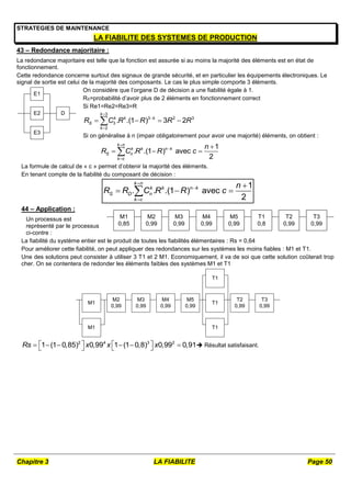 Chapitre 3 LA FIABILITE Page 50
STRATEGIES DE MAINTENANCE
LA FIABILITE DES SYSTEMES DE PRODUCTION
43 – Redondance majoritaire :
La redondance majoritaire est telle que la fonction est assurée si au moins la majorité des éléments est en état de
fonctionnement.
Cette redondance concerne surtout des signaux de grande sécurité, et en particulier les équipements électroniques. Le
signal de sortie est celui de la majorité des composants. Le cas le plus simple comporte 3 éléments.
E3
D
E1
E2
On considère que l’organe D de décision a une fiabilité égale à 1.
RS=probabilité d’avoir plus de 2 éléments en fonctionnement correct
Si Re1=Re2=Re3=R
3
3 2 3
3
2
. .(1 ) 3 2
k
k k k
S
k
R C R R R R



   

Si on généralise à n (impair obligatoirement pour avoir une majorité) éléments, on obtient :
1
. .(1 ) avec
2
k n
k k n k
S n
k c
n
R C R R c




  

La formule de calcul de « c » permet d’obtenir la majorité des éléments.
En tenant compte de la fiabilité du composant de décision :
1
. . .(1 ) avec
2
k n
k k n k
S D n
k c
n
R R C R R c




  

44 – Application :
Un processus est
représenté par le processus
ci-contre :
M1
0,85
M2
0,99
M3
0,99
M4
0,99
M5
0,99
T1
0,8
T2
0,99
T3
0,99
La fiabilité du système entier est le produit de toutes les fiabilités élémentaires : Rs = 0,64
Pour améliorer cette fiabilité, on peut appliquer des redondances sur les systèmes les moins fiables : M1 et T1.
Une des solutions peut consister à utiliser 3 T1 et 2 M1. Economiquement, il va de soi que cette solution coûterait trop
cher. On se contentera de redonder les éléments faibles des systèmes M1 et T1
M1
M2
0,99
M3
0,99
M4
0,99
M5
0,99
T1
T2
0,99
T3
0,99
M1 T1
T1
2 4 3 2
1 (1 0,85) 0,99 1 (1 0,8) 0,99 0,91
Rs x x x
   
     
     Résultat satisfaisant.
 