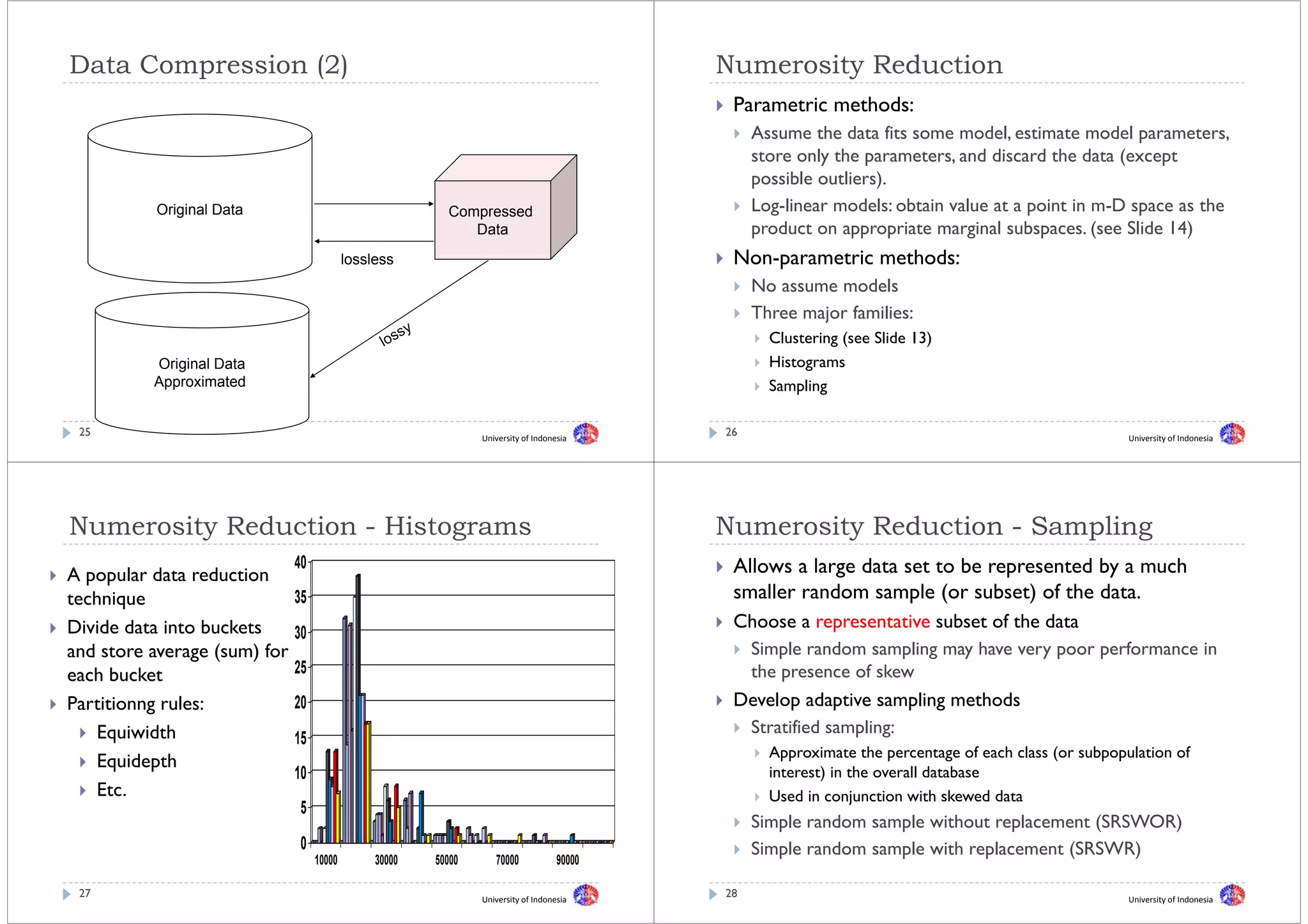 Data C
D t Compression (2)
            i                                                                               Numerosity Reduction
                                                                                            N      it R d ti
                                                                                             Parametric methods:
                                                                                                 Assume the data fits some model, estimate model parameters,
                                                                                                 store only the parameters, and discard the data (except
                                                                                                                parameters
                                                                                                 possible outliers).
          Original Data
          Oi i lD t                                       Compressed
                                                          C        d                             Log-linear models: obtain value at a point in m-D space as the
                                                             Data                                product on appropriate marginal subspaces. (see Slide 14)
                                           lossless
                                           l   l                                             Non-parametric
                                                                                             Non parametric methods:
                                                                                                 No assume models
                                                                                                 Three major families:
                                                                                                   Clustering (see Slide 13)
          Original Data                                                                            Histograms
          Approximated                                                                             Sampling

 25                                                             University of Indonesia
                                                                                            26                                                         University of Indonesia




Numerosity Reduction - Hi t
N      it R d ti       Histograms                                                           Numerosity Reduction - S
                                                                                            N      it R d ti       Sampling
                                                                                                                       li
A popular d reduction
        l data d i
                              40                                                             Allows a large data set to be represented by a much
technique                     35                                                             smaller random sample (or subset) of the data.
Divide data into buckets                                                                     Choose a representative subset of th data
                                                                                             Ch                  t ti  b t f the d t
                              30
and store average (sum) for                                                                   Simple random sampling may have very poor performance in
each b k
   h bucket                   25                                                              the
                                                                                              th presence of skew
                                                                                                             f k
Partitionng rules:            20                                                             Develop adaptive sampling methods
   Equiwidth                                                                                  Stratified sampling:
                              15
                                                                                                   Approximate the percentage of each class (or subpopulation of
   Equidepth
                              10                                                                   interest) in the overall database
                                                                                                           )     h       ll d b
   Etc.                                                                                            Used in conjunction with skewed data
                               5
                                                                                                 Simple
                                                                                                 Si l random sample without replacement (SRSWOR)
                                                                                                           d       l ih           l
                               0                                                                 Simple random sample with replacement (SRSWR)
                                   10000        30000   50000      70000            90000

 27                                                             University of Indonesia
                                                                                            28                                                         University of Indonesia
 