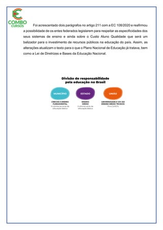 Foi acrescentado dois parágrafos no artigo 211 com a EC 108/2020 e reafirmou
a possibilidade de os entes federados legislarem para respeitar as especificidades dos
seus sistemas de ensino e ainda sobre o Custo Aluno Qualidade que será um
balizador para o investimento de recursos públicos na educação do país. Assim, as
alterações atualizam o texto para o que o Plano Nacional de Educação já tratava, bem
como a Lei de Diretrizes e Bases da Educação Nacional.
 