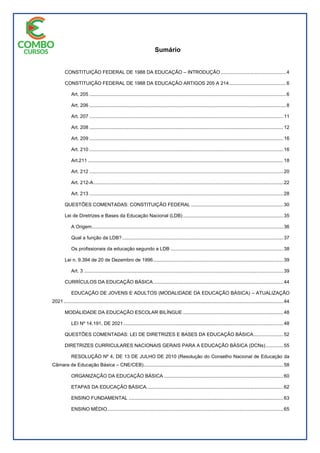 Sumário
CONSTITUIÇÃO FEDERAL DE 1988 DA EDUCAÇÃO – INTRODUÇÃO ................................................4
CONSTITUIÇÃO FEDERAL DE 1988 DA EDUCAÇÃO ARTIGOS 205 A 214..........................................6
Art. 205 .................................................................................................................................................6
Art. 206 .................................................................................................................................................8
Art. 207 ...............................................................................................................................................11
Art. 208 ...............................................................................................................................................12
Art. 209 ...............................................................................................................................................16
Art. 210 ...............................................................................................................................................16
Art.211 ................................................................................................................................................18
Art. 212 ...............................................................................................................................................20
Art. 212-A............................................................................................................................................22
Art. 213 ...............................................................................................................................................28
QUESTÕES COMENTADAS: CONSTITUIÇÃO FEDERAL ....................................................................30
Lei de Diretrizes e Bases da Educação Nacional (LDB)..........................................................................35
A Origem.............................................................................................................................................36
Qual a função da LDB?.......................................................................................................................37
Os profissionais da educação segundo a LDB ...................................................................................38
Lei n. 9.394 de 20 de Dezembro de 1996................................................................................................39
Art. 3 ...................................................................................................................................................39
CURRÍCULOS DA EDUCAÇÃO BÁSICA................................................................................................44
EDUCAÇÃO DE JOVENS E ADULTOS (MODALIDADE DA EDUCAÇÃO BÁSICA) – ATUALIZAÇÃO
2021..................................................................................................................................................................44
MODALIDADE DA EDUCAÇÃO ESCOLAR BILÍNGUE ..........................................................................48
LEI Nº 14.191, DE 2021......................................................................................................................48
QUESTÕES COMENTADAS: LEI DE DIRETRIZES E BASES DA EDUCAÇÃO BÁSICA......................52
DIRETRIZES CURRICULARES NACIONAIS GERAIS PARA A EDUCAÇÃO BÁSICA (DCNs).............55
RESOLUÇÃO Nº 4, DE 13 DE JULHO DE 2010 (Resolução do Conselho Nacional de Educação da
Câmara de Educação Básica – CNE/CEB).......................................................................................................58
ORGANIZAÇÃO DA EDUCAÇÃO BÁSICA ........................................................................................60
ETAPAS DA EDUCAÇÃO BÁSICA.....................................................................................................62
ENSINO FUNDAMENTAL ..................................................................................................................63
ENSINO MÉDIO..................................................................................................................................65
 