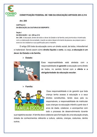 CONSTITUIÇÃO FEDERAL DE 1988 DA EDUCAÇÃO ARTIGOS 205 A 214
Art. 205
O artigo 205 trata da educação como um direito social, de todos, intransferível
e inalienável. Sendo assim como direito líquido e certo, ou seja, a educação é um
dever do Estado e da família.
 Estado:
Essa responsabilidade está atrelada com a
responsabilidade de garantir a educação como direito
de todos, no sentido formal com a oferta e a
obrigatoriedade da educação escolar.
 Família:
Essa responsabilidade é de garantir que toda
criança tenha acesso à educação e a seus
direitos constituintes, tendo seus pais ou
responsáveis, a responsabilidade de matricular
suas crianças na educação infantil a partir dos 4
anos de idade, colaborar, e acompanhar com
todo o processo de desenvolvimento durante
sua trajetória escolar. A família deve colaborar para formação de uma educação ampla,
dotada de conhecimentos referente a cultura, valores, crenças, costumes, dentre
outros.
 