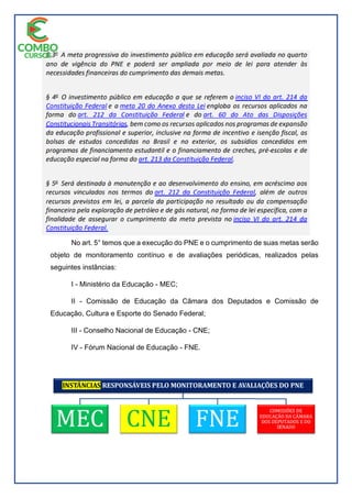 No art. 5° temos que a execução do PNE e o cumprimento de suas metas serão
objeto de monitoramento contínuo e de avaliações periódicas, realizados pelas
seguintes instâncias:
I - Ministério da Educação - MEC;
II - Comissão de Educação da Câmara dos Deputados e Comissão de
Educação, Cultura e Esporte do Senado Federal;
III - Conselho Nacional de Educação - CNE;
IV - Fórum Nacional de Educação - FNE.
 