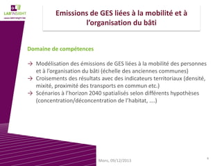 Emissions de GES liées à la mobilité et à
l’organisation du bâti
Domaine de compétences
→ Modélisation des émissions de GES liées à la mobilité des personnes
et à l’organisation du bâti (échelle des anciennes communes)
→ Croisements des résultats avec des indicateurs territoriaux (densité,
mixité, proximité des transports en commun etc.)
→ Scénarios à l’horizon 2040 spatialisés selon différents hypothèses
(concentration/déconcentration de l’habitat, ….)

Mons, 09/12/2013

4

 